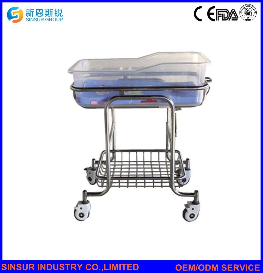 Hospital Furniture Stainless Steel Hyaline Plastic Basket Baby Cot Trolley/Crib