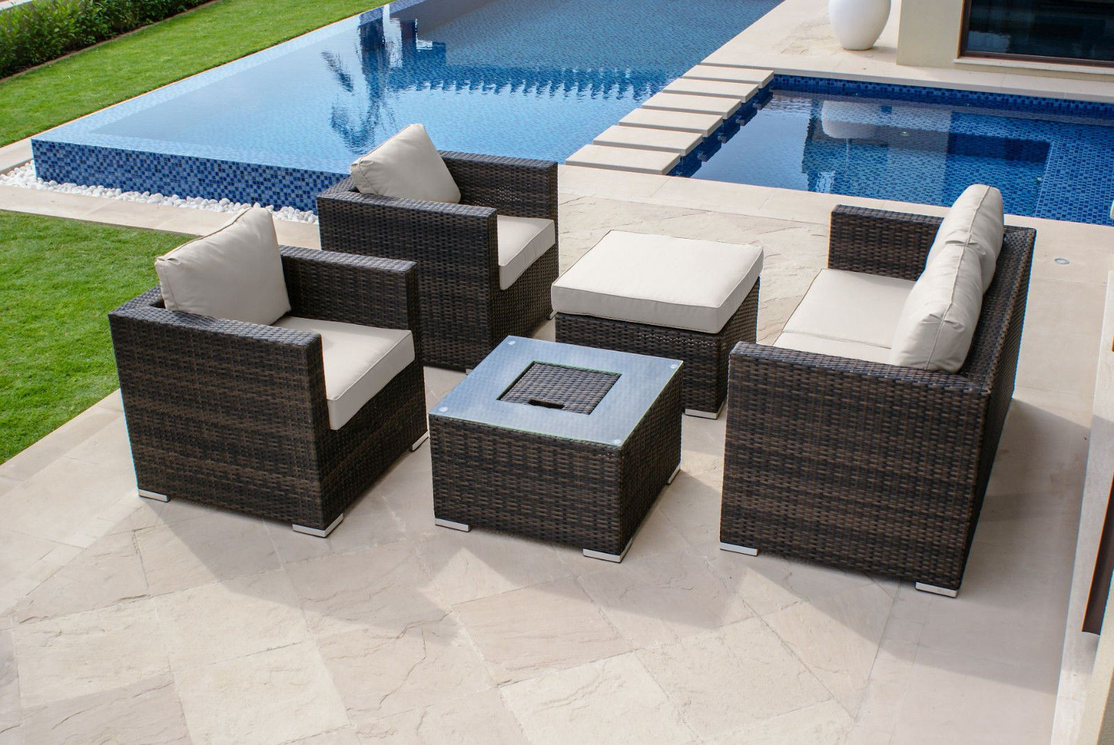 Five Piece Brown Rattan Sofa Set with Ice Bucket