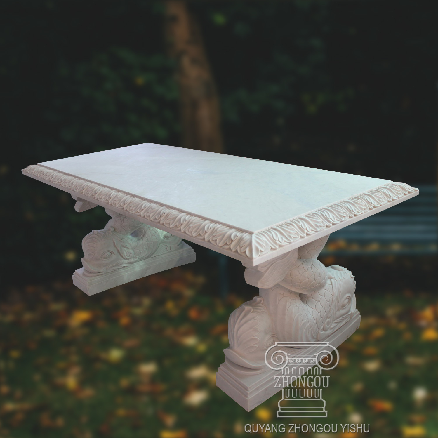 Natural Marble Bench with Dolphin Statue Standing for Garden Decoration