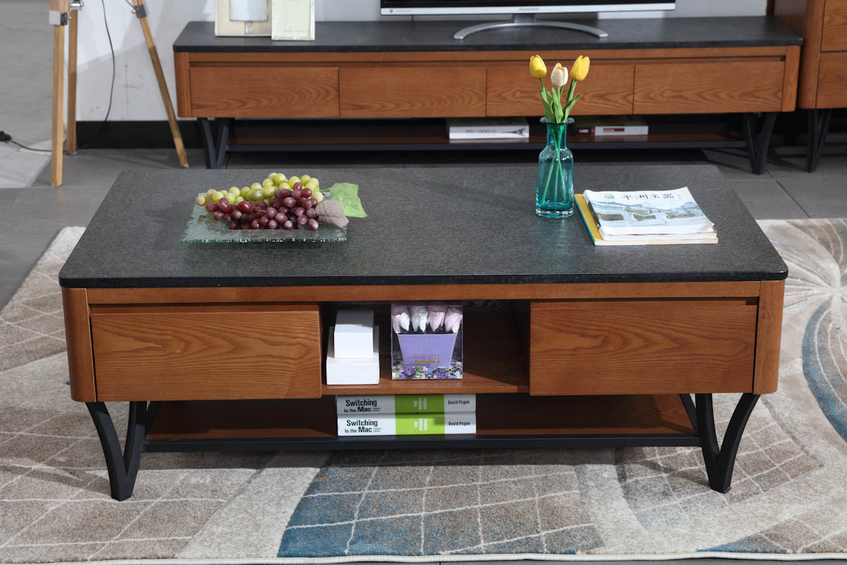 Black Fire Stone Top Solid Wood Coffee Table (CJ-2040)