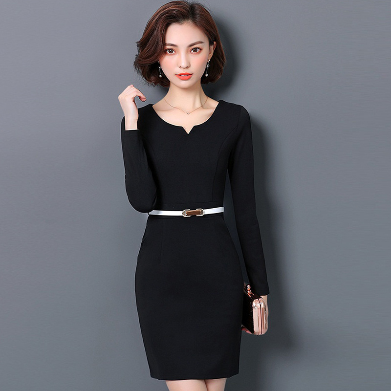 Women V-Neck One Piece Long Sleeve Slim Office Ladies Dress