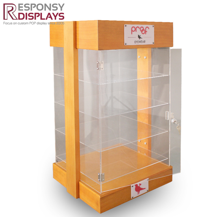 Four Sides Clear Acrylic and Wooden Sunglasses Display Cabinet with Light and Lock