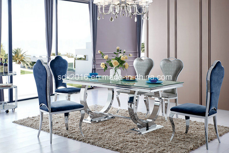 Modern Glass Dining Furniture with Stainless Steel Table Chairs