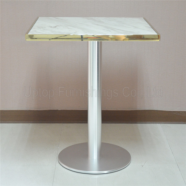 (SP-RT523) Stainless Steel Base Golden Metal Seal Wooden Restaurant Table