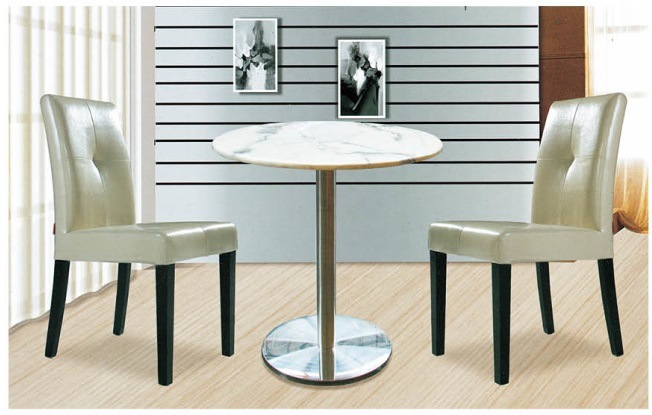 Modern Design Marble Round Dining Table with Ss Plinth and Wood Chair Set