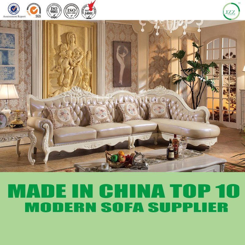 New Fashion Leather Corner Sofa with Handicraft Wooden Decoration