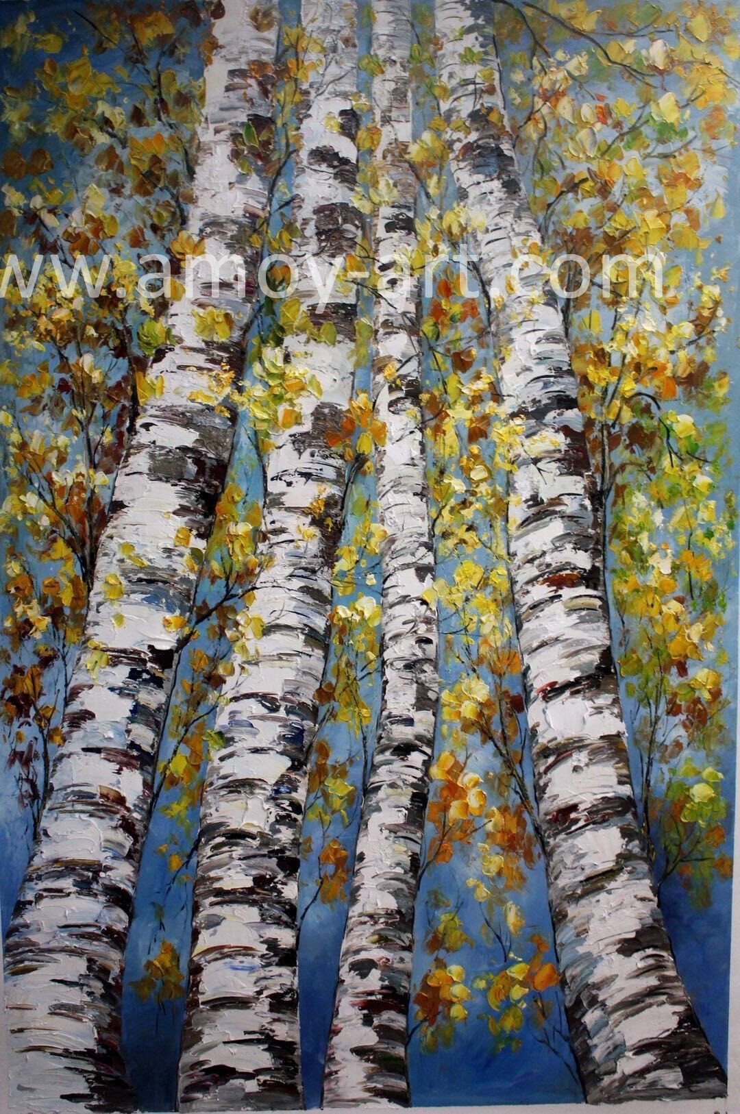 Hand Painted Bright Birch Tree Knife Oil Paintings for Wall Decor