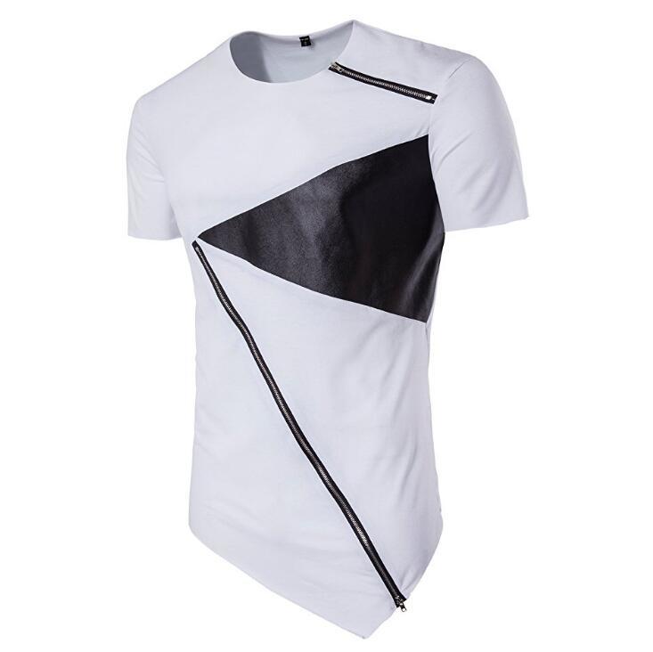 Mens Hipster PU Leather Patchwork Short Sleeve Zipper Irregular T Shirt Hip Hop Streetwear Tops