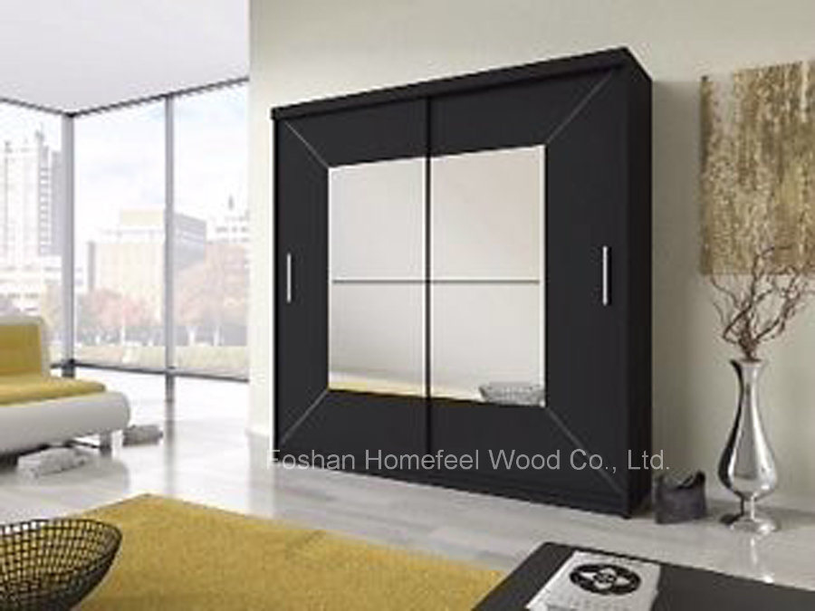 Large Black Sliding Door Wardrobe with Square Mirror (HF-EY0731C)