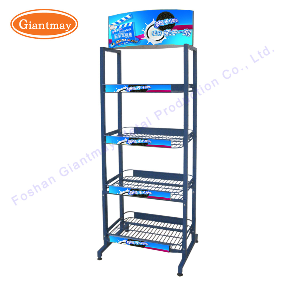 Customized 4-Tier Metal Wire Shelving Supermarket Floor Standing Display Food Racks