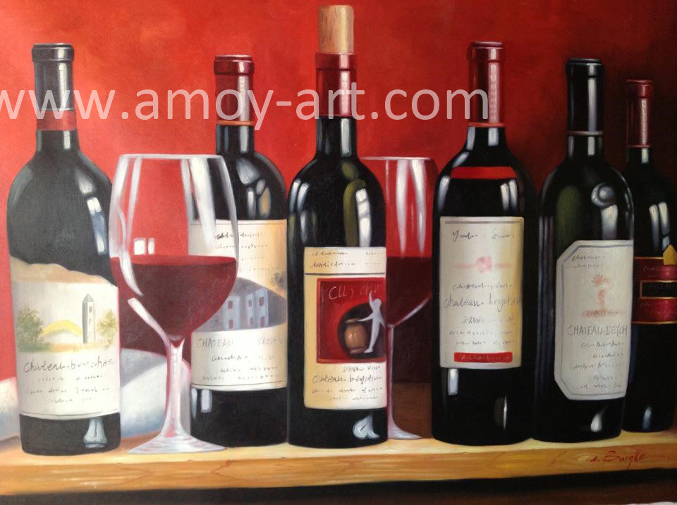 Handmade Still Life Wine Bottles Oil Painting for Home Decoration