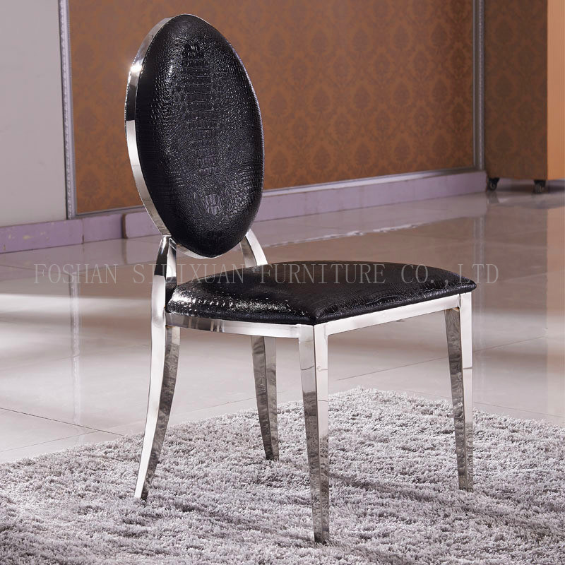 Luxury Design Black PU Leather Round Back Banquet Stainless Steel Dining Chair