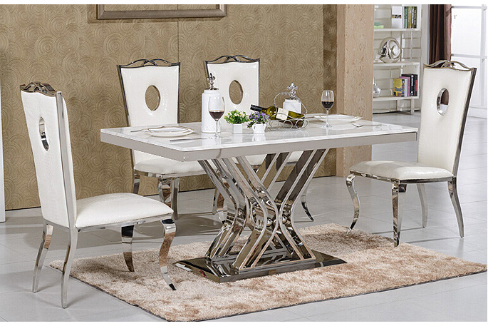 Modern Stainless Steel Rectangle Marble Crose Base Dining Table for 8 People Chairs