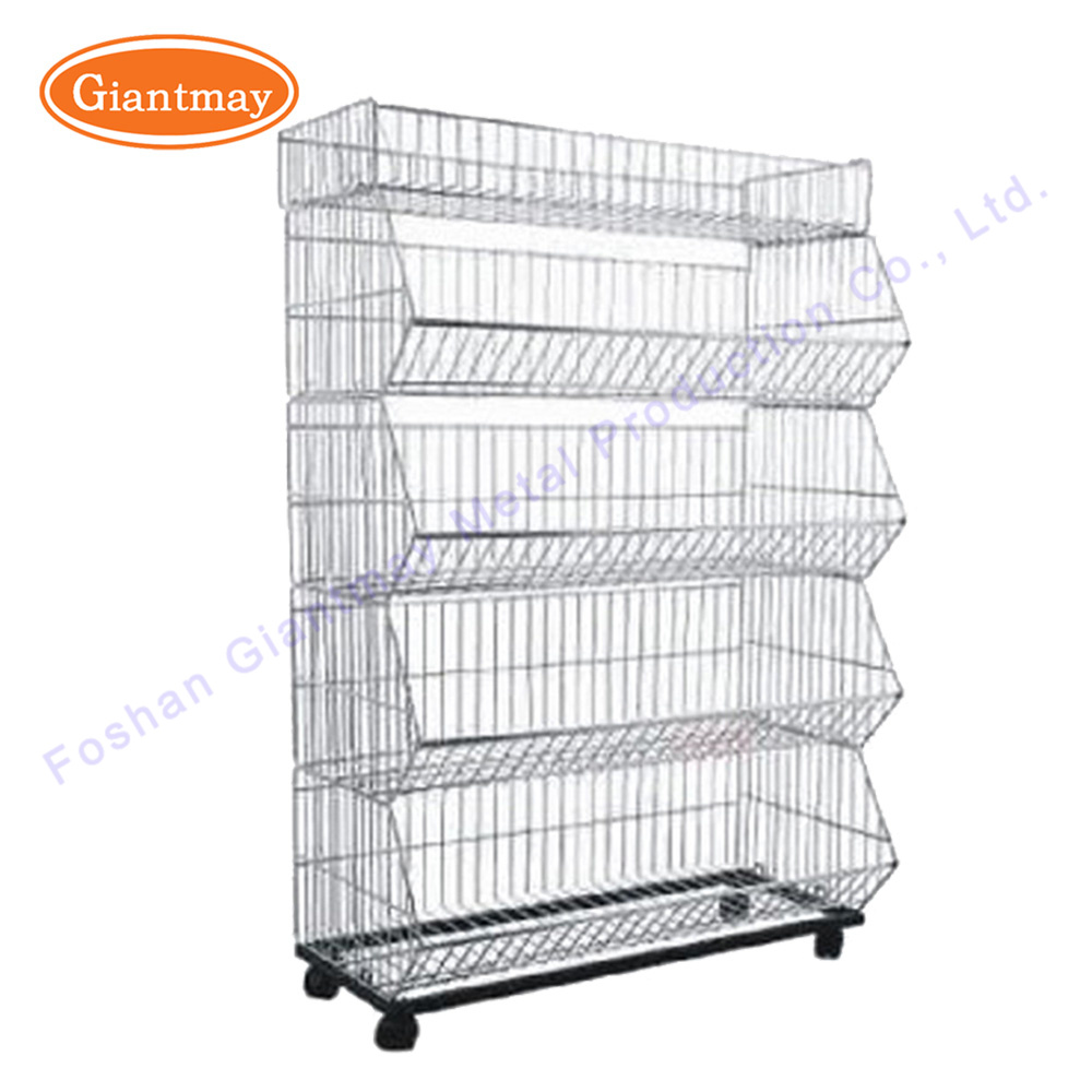 Supermarket Multifunctional Metal Wrought Iron Basket Storage Display Rack Shelf with Wheels