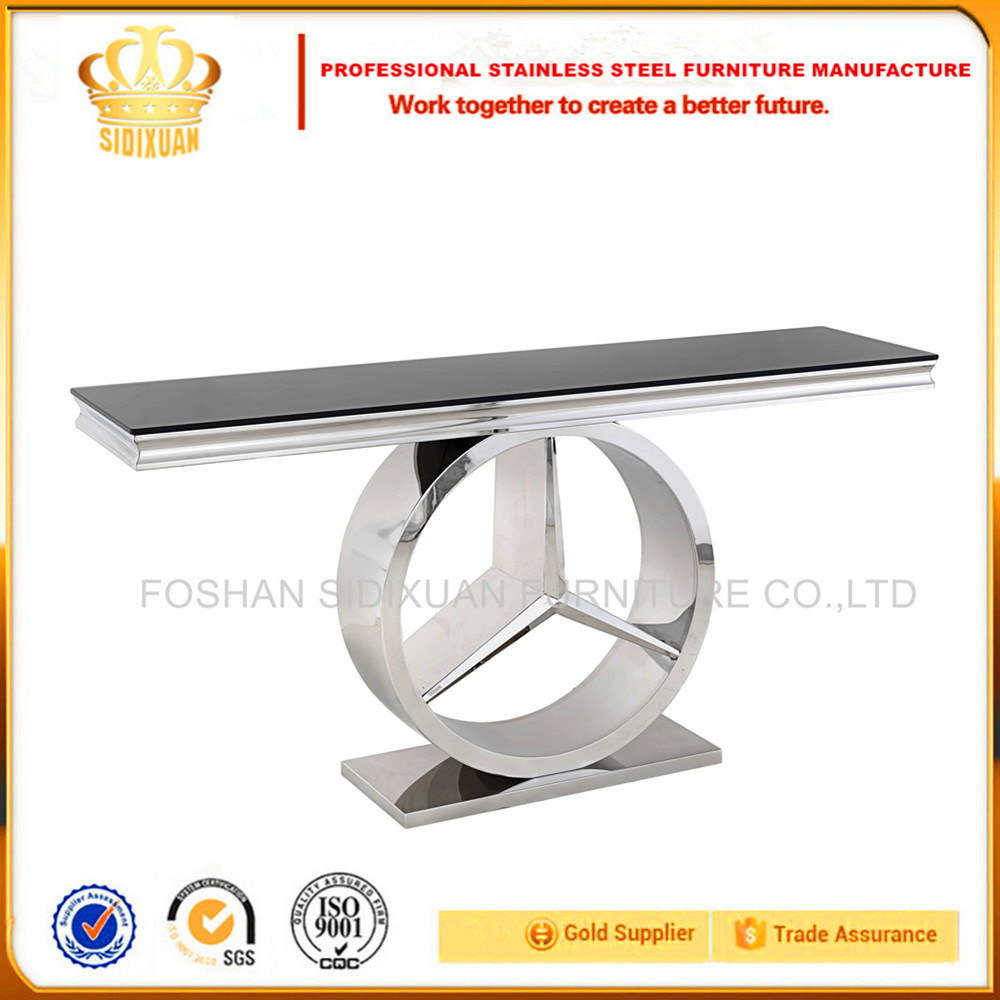 Sj916 Stainless Steel Console Table with Black Temper Glass