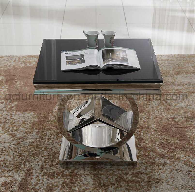 Mercedes Shape Stainless Steel Base Black Glass Top Side Table