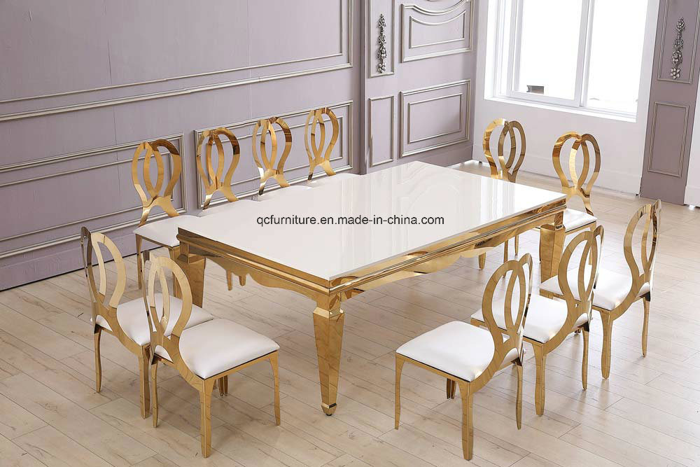 10 People Marble Top Mirror Golden Stainless Steel Dining Table