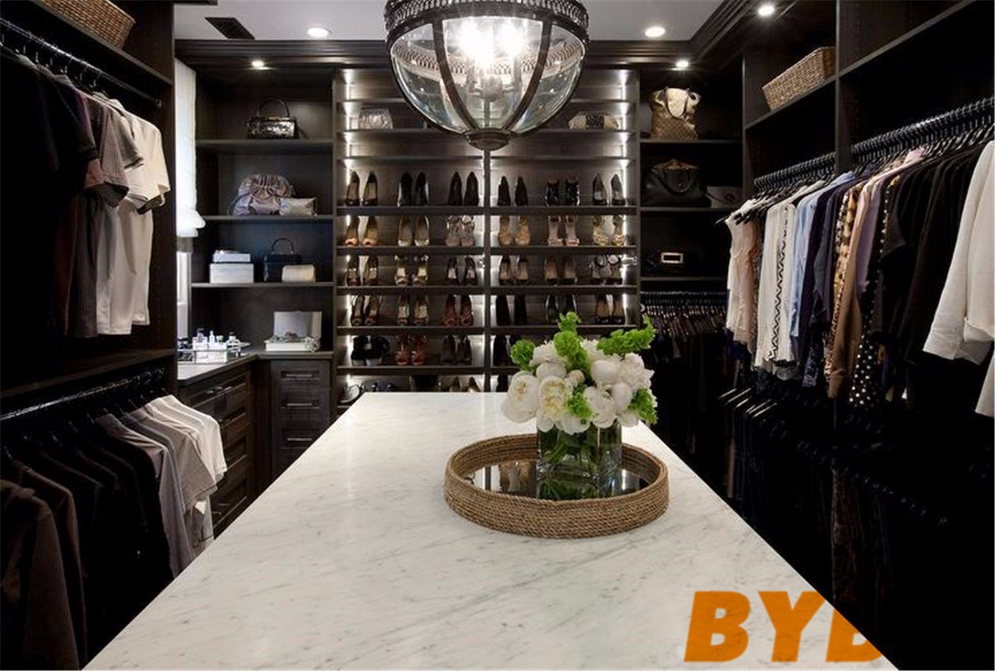 Custom Walk in Closet with Dark Stained Built Ins Wardrobe (BY-W-62)