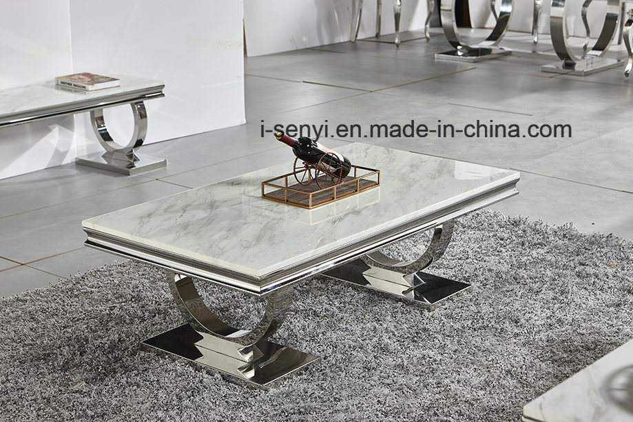 Living Room Furniture Alternative White Marble & Black Tempered Glass Top Stainless Steel Coffee Table