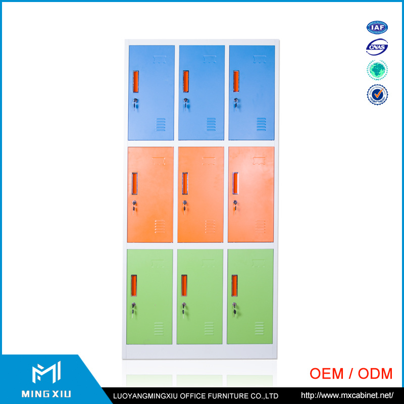 China Manufacturer Luoyang Mingxiu 9 Door Corner Closet Clothes Locker/Gym Steel Clothes Cabinet