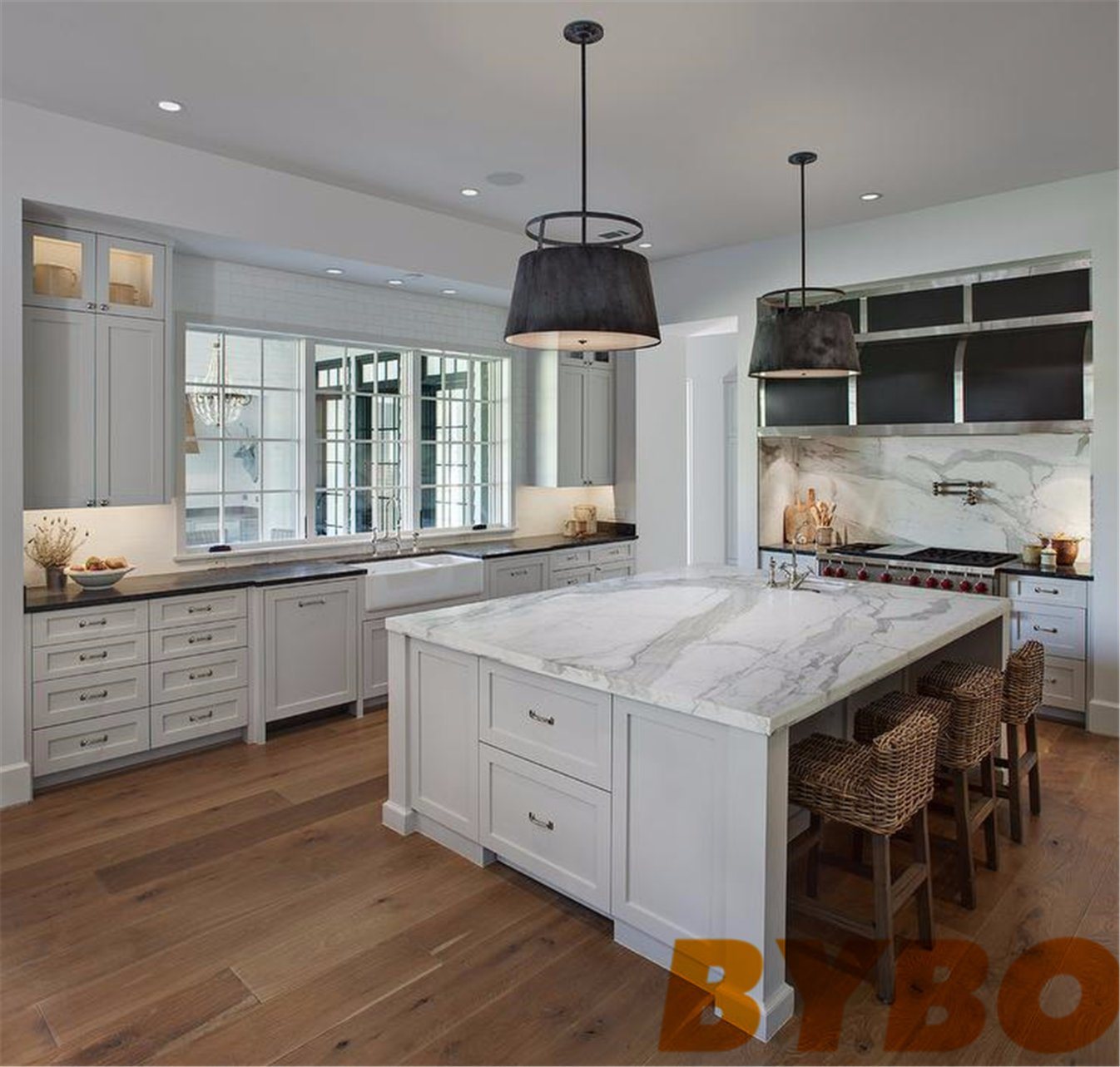 Expansive Marble Top Island with Wicker Counter Stools Wardrobe Design (BY-W-74)