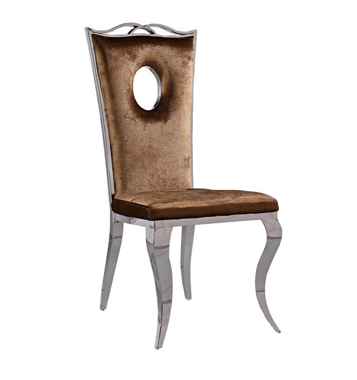 Luxury Stainless Steel Brown Velvet Fabric Dining Chair with Hollow Circle Back