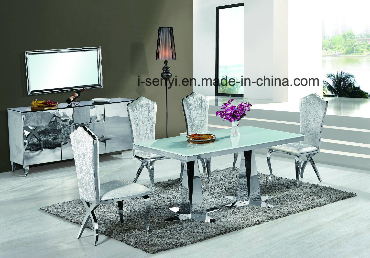 Tempered Glass Top Stainless Steel Legs Dining Table