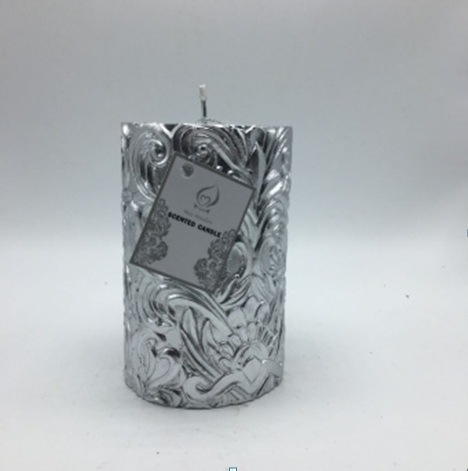 Silver Flower Designed Handmade Pillar Candle for Home Decoration