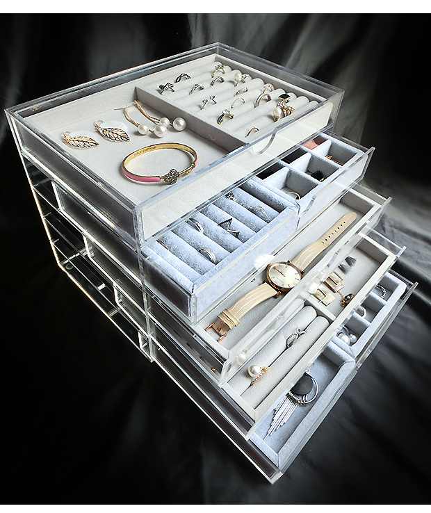 Acrylic Jewelry Display Box with 5 Drawers and Velvet Trays