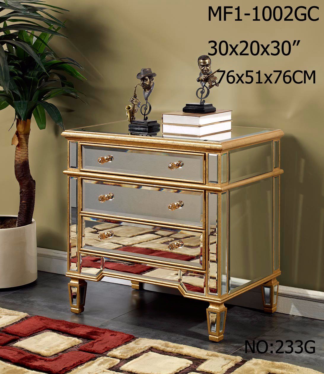 Big Storage 3 Drawer Golden Mirror Cabinet