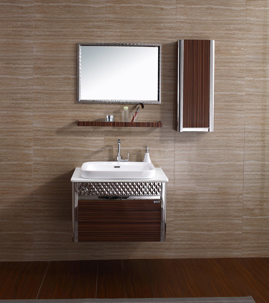 Antique Stainless Steel Bathroom Vanity with Shelf and Side Cabinet