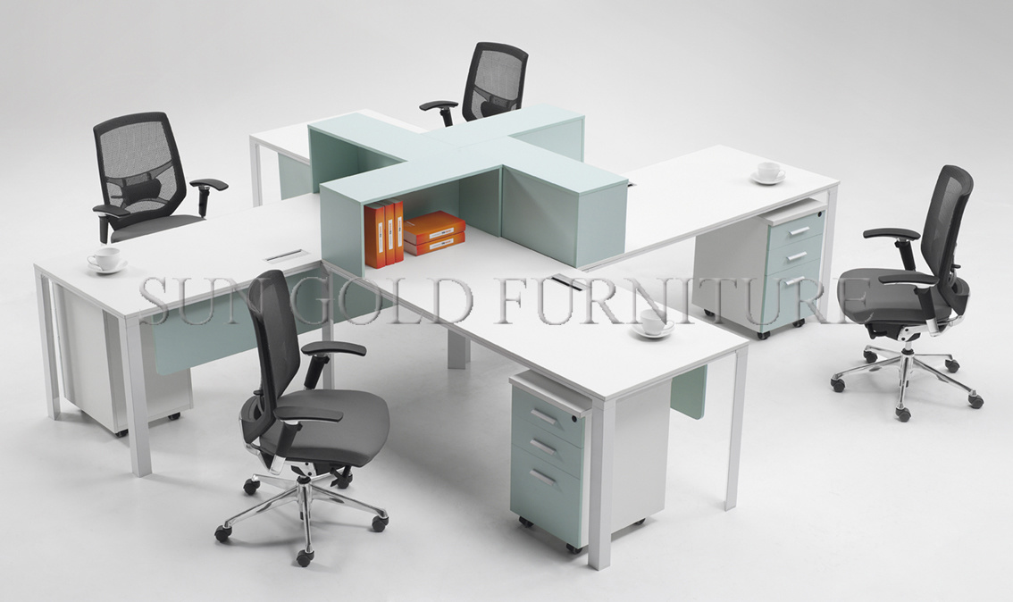 Modern White Workstation with Desktop Bookcase for Four People (SZ-WS319)