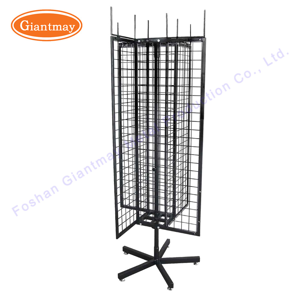 Floor Standing 4 Sided Metal Floor Spinner Rotating Wire Shelving Store Display Rack with Hooks