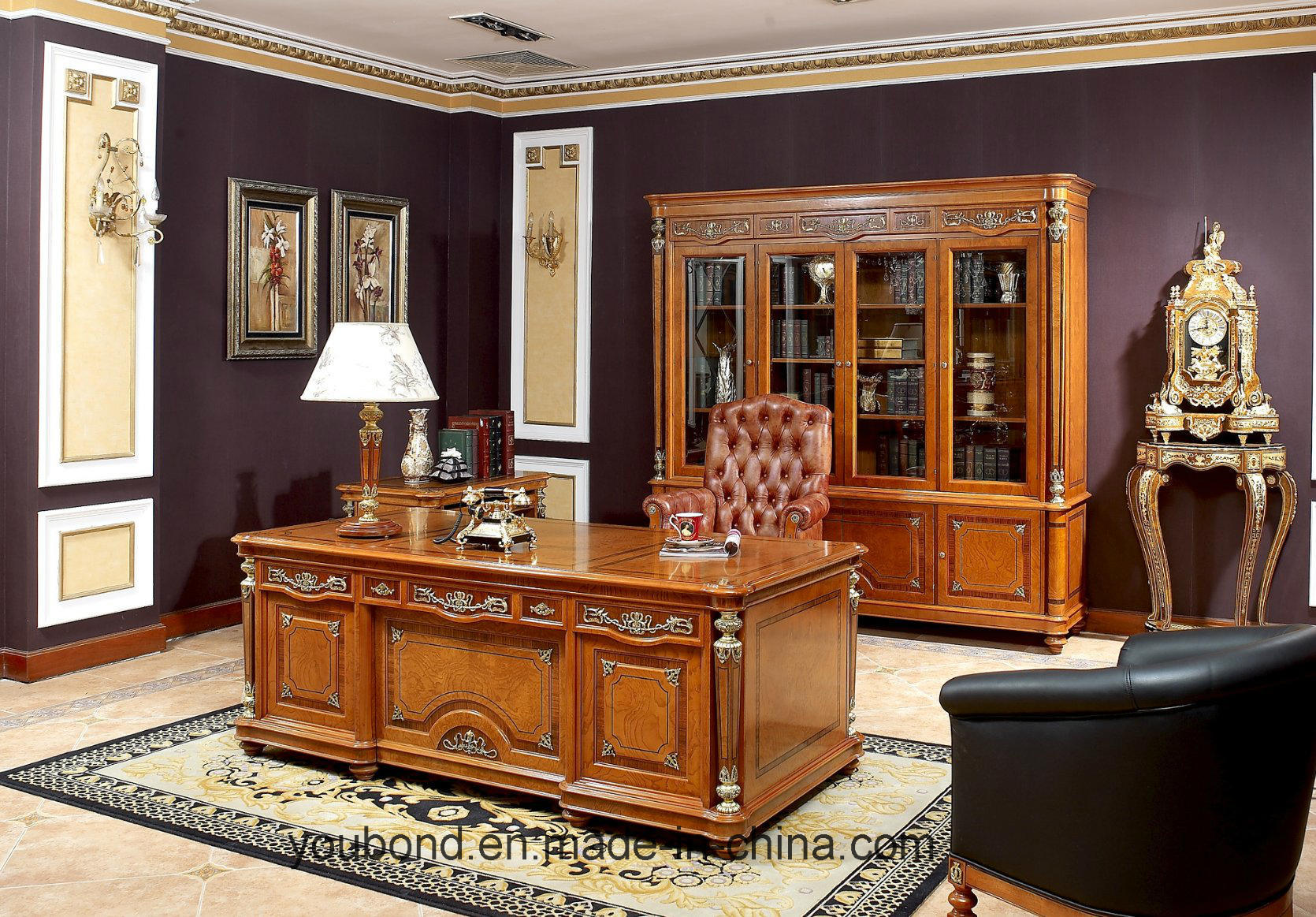 0029 Italian Royal Wooden Furniture Style Luxury Brass Decoration Study Desk