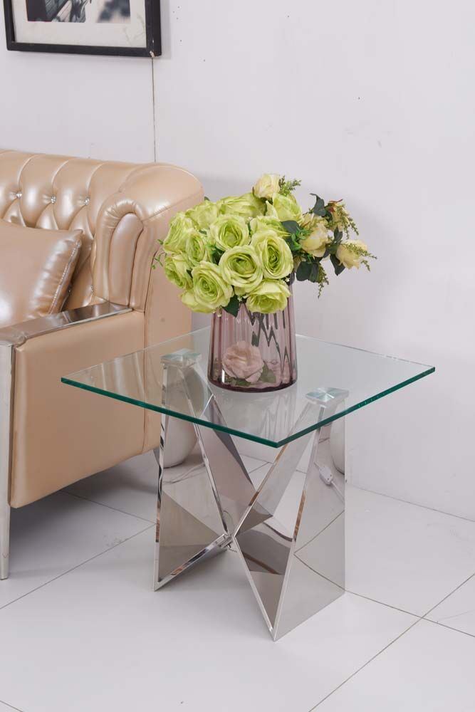 Mirror Glass Design Stainless Steel Base Corner Side Table