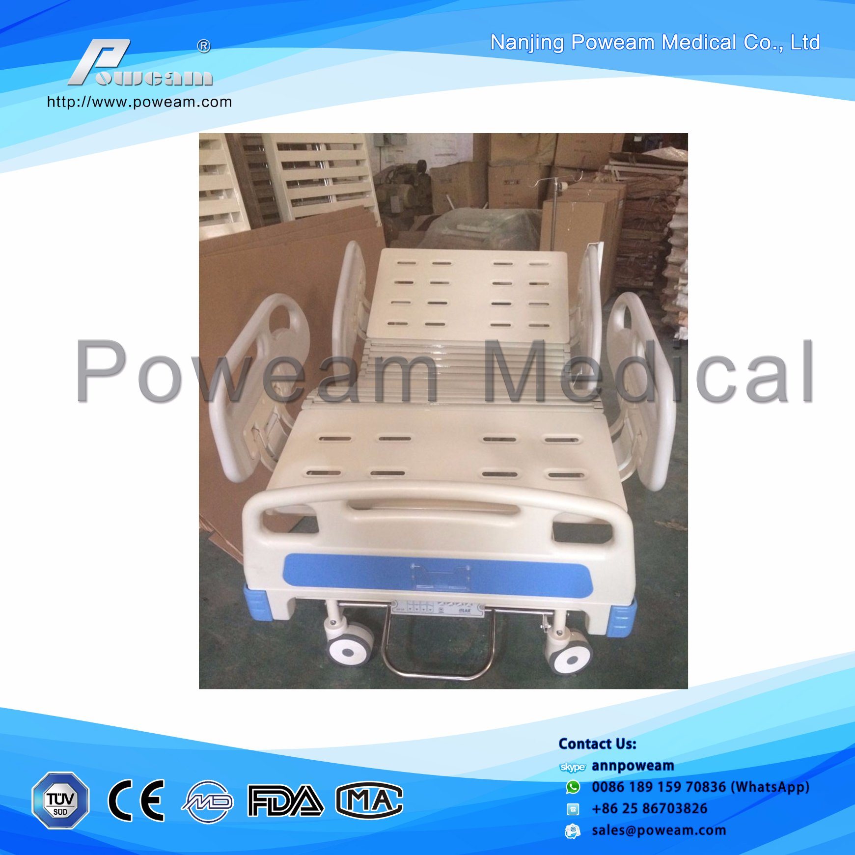 ICU Room Patient Care Hydraulic 3 Crank Manual Hospital Bed