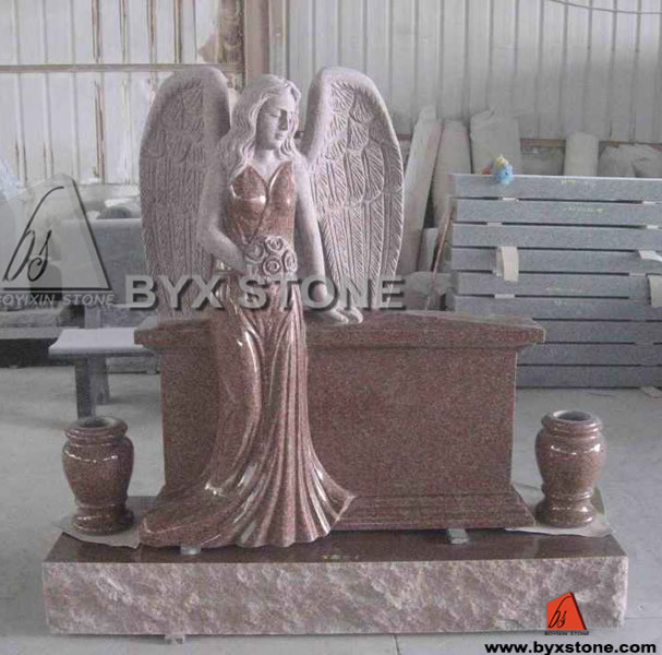 Imperial Red Granite Angel Headstone / Monuments with Vases