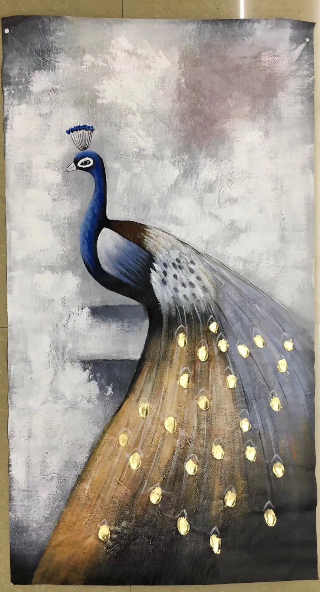 Chinese Handmade Peacock Oil Paintings with Golden Feathers for Home Decoration