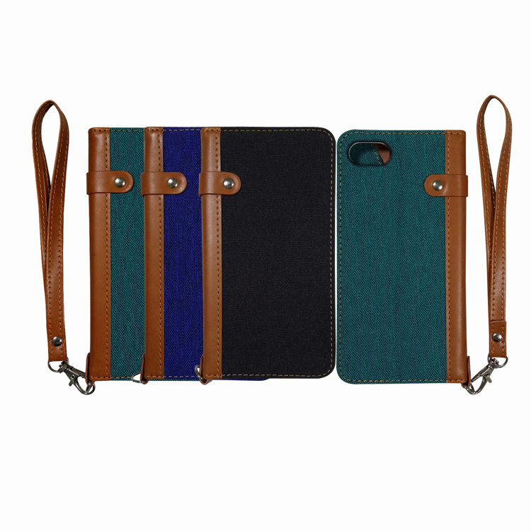 Hand Strap Mixed Canvas & PU Leather Mobile Phone Book Case for iPhone 8