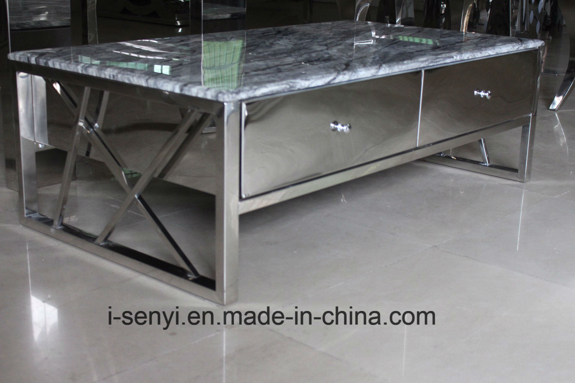 Modern Living Room Furniture Stainless Steel Frame with 4 Solid Wood Drawers Coffee Table