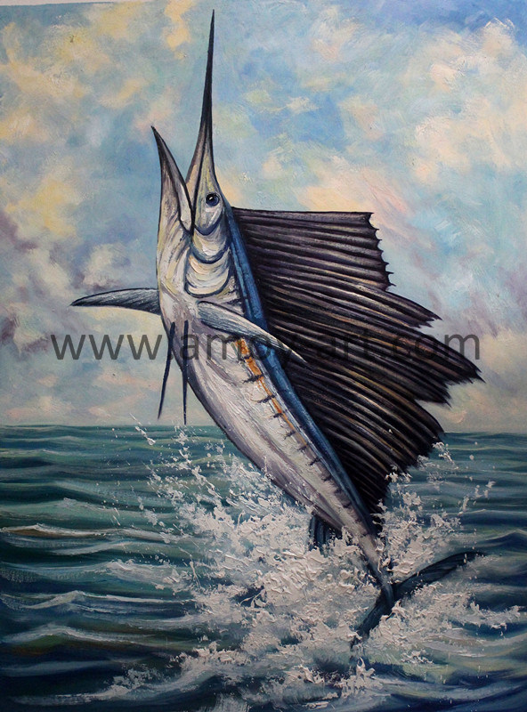 High Quality Stretched Marine Life Handmade Fish Oil Painting for Home Decor