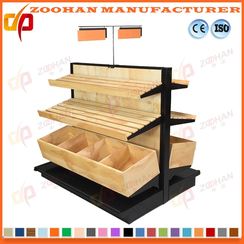 Metal and Wooden Shelves Supermarket Display Gondola Wall Shelving (Zhs429)