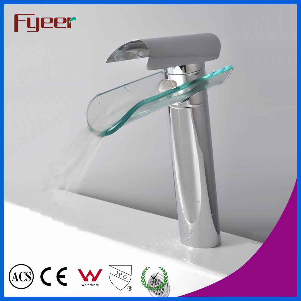 Fyeer High Body Single Handle Glass Spout Waterfall Chrome Wash Basin Faucet Water Mixer Tap