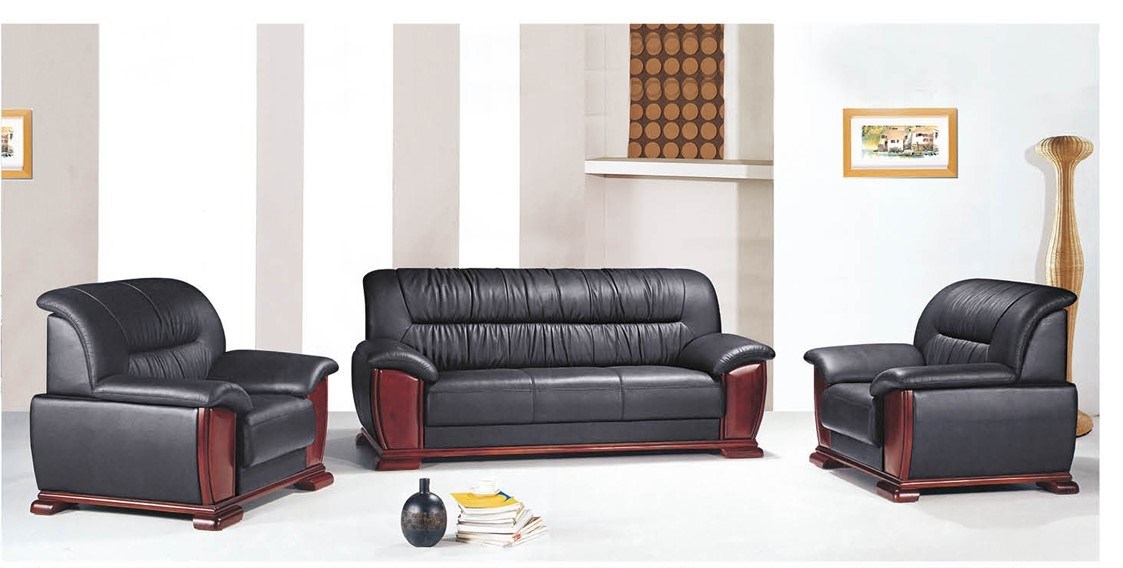 Black Wooden Modern New Style Reception Area PU Leather Sofa