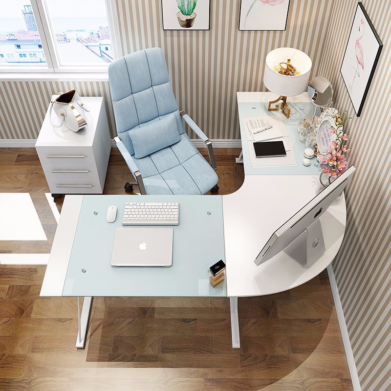 Home Office Furniture L Shape Tempered Glass Computer Desk