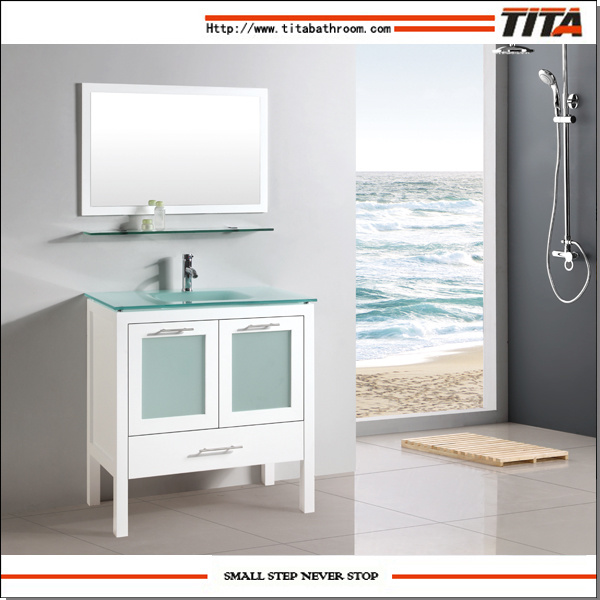 Honed White Bathroom Vanity Cabinet with Frosted Glass Doors (T9162)