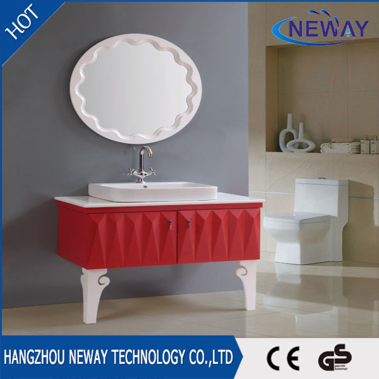 Hotel Single Sink PVC Red Bathroom Mirror Cabinet