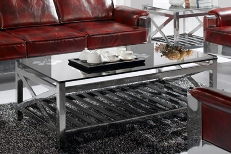 Modern Metal Coffee Table, Shiny Stainless Steel Coffee Table, Black Glass Coffee Table T-68