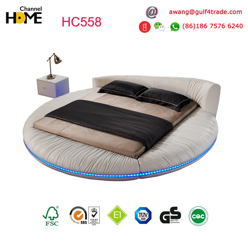 2017 Most Popular White Leather Bed King Size Round Bedroom Furniture (HC558)