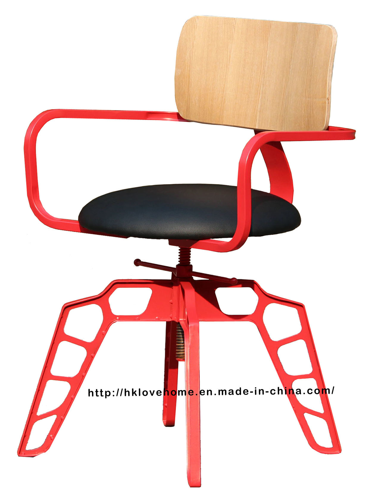 Industrial Metal Restaurant Dining Furniture Red Plywood Wooden Swivel Chairs